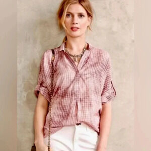 Anthropologie Holding Horses L Plaid Tie Dye Light Cotton Fall Colors Top